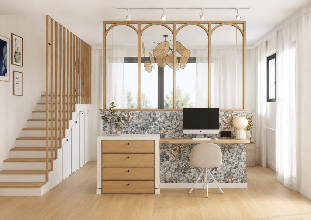 Bureau en bois adossé à une verrière arrondie, avec papier peint végétal, commode et rangements sous l’escalier.