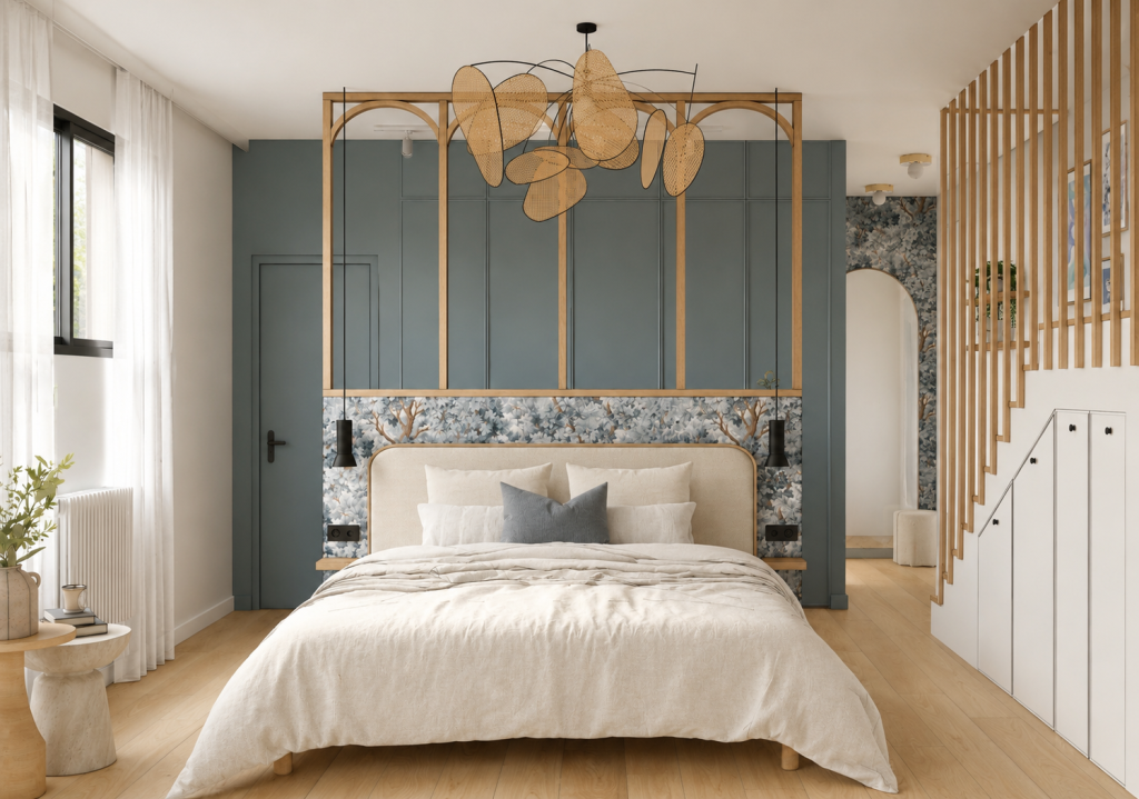 hambre parentale avec lit beige, tête de lit en papier peint végétal, cloison vitrée en bois, mur vert sauge et rangements sous l’escalier