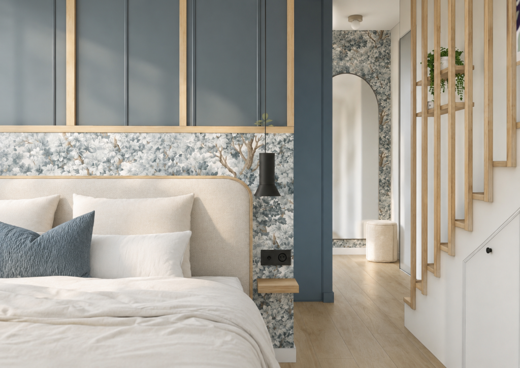 Tête de lit beige devant un papier peint végétal, avec suspension noire, tablette en bois et mur bleu vert.